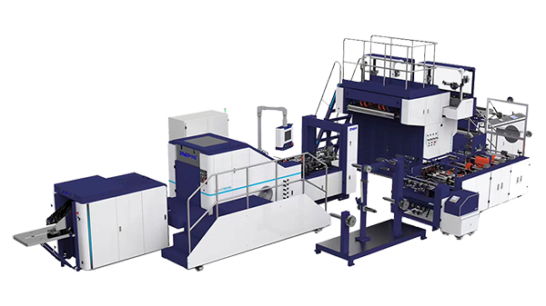 Blockbodenbeutelmaschine für Papierbeutel mit stehenden Flachhenkeln